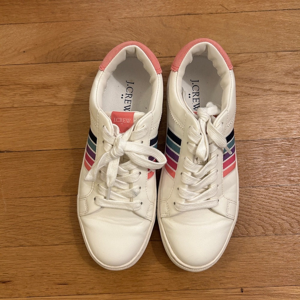 J. Crew Women's White Sneakers with Pink and Blue Stripes